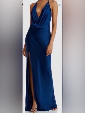 RAMY BROOK Dark Navy Blue Plunging Neckline Halter
Tie Valentina Gown